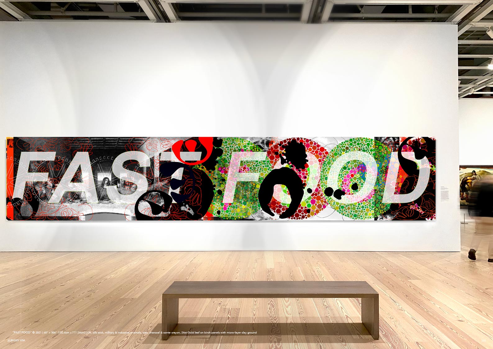 “FAST FOOD” © 2021 | 60” x 306” (152.4cm x 777.24cm) | Oil, oils stick, military & industrial enamels, wax, charcoal & conte crayon, 24ct Gold leaf on birch panels with micro-layer clay ground
