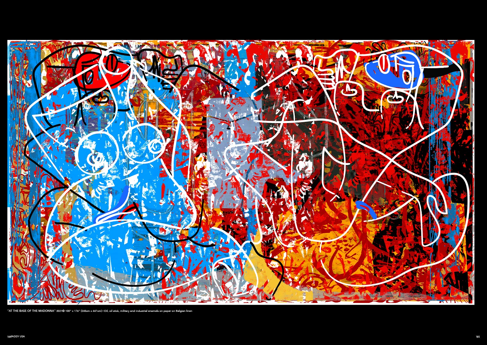 “At the base of the Madonna” 2021© 100” x 176” (245cm x 447cm) I Oil, oil stick, military and industrial enamels on paper on Belgian linen