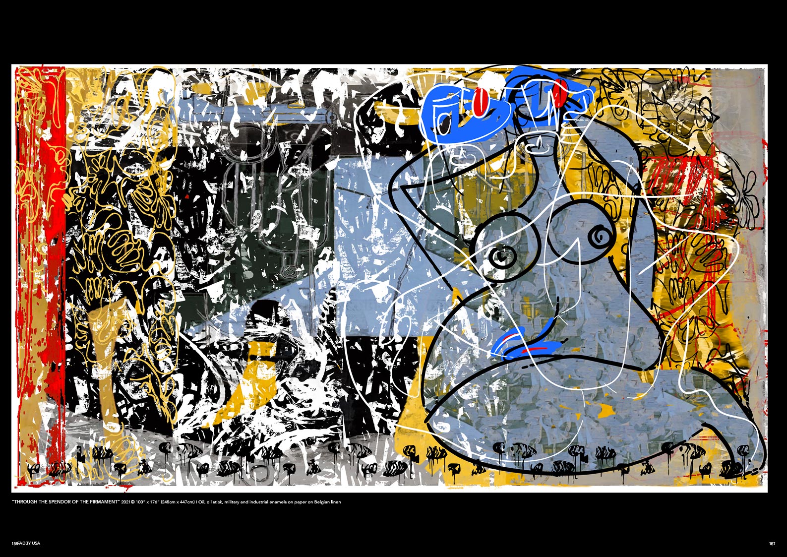 “Through The Spendor Of The Firmament” 2021© 100” x 176” (245cm x 447cm) I Oil, oil stick, military and industrial enamels on paper on Belgian linen