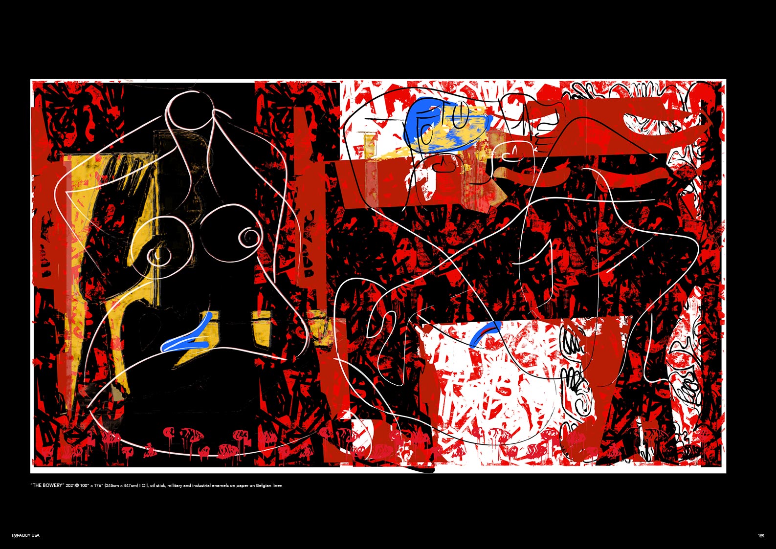 “THE BOWERY” 2021© 100” x 176” (245cm x 447cm) I Oil, oil stick, military and industrial enamels on paper on Belgian linen